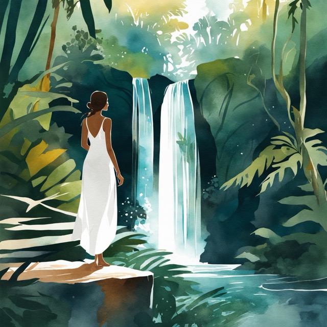 Watercolor scene of a woman in a white dress looking at a jungle waterfall surrounded by greenery.