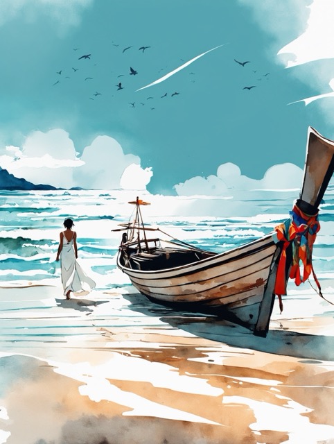 Watercolor scene of a woman on a beach beside a wooden longtail boat and turquoise water.