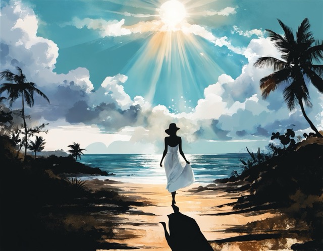 Watercolor scene of a woman on a beach beneath dramatic clouds and sun rays over the ocean.